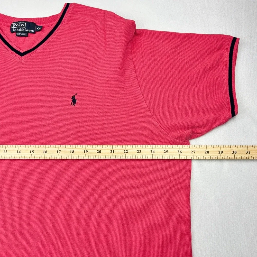 Vintage 90s Polo Ralph Lauren Mens XXL Pink Tipped V Neck Pique Cotton T Shirt